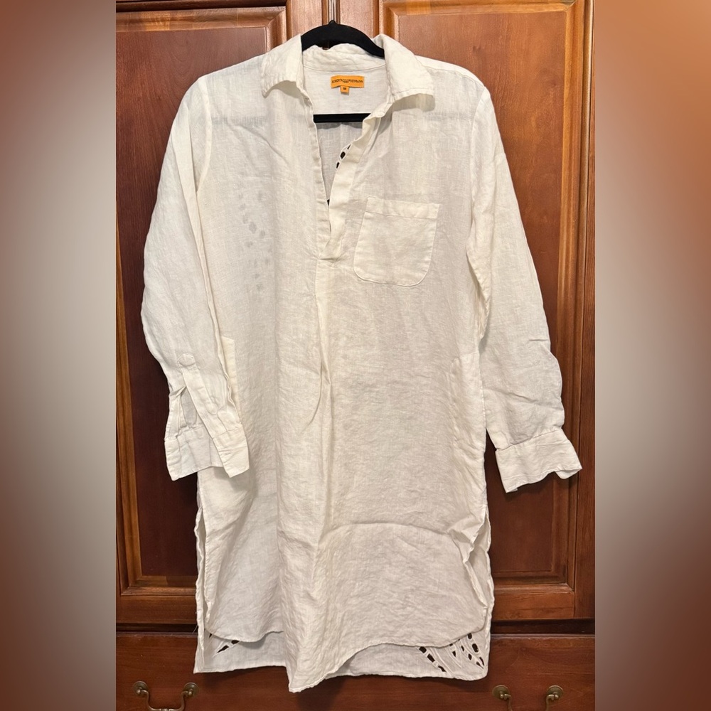 Roberta Freymann Cream 100% Linen Cover Up Dress Crochet Back Pockets Medium